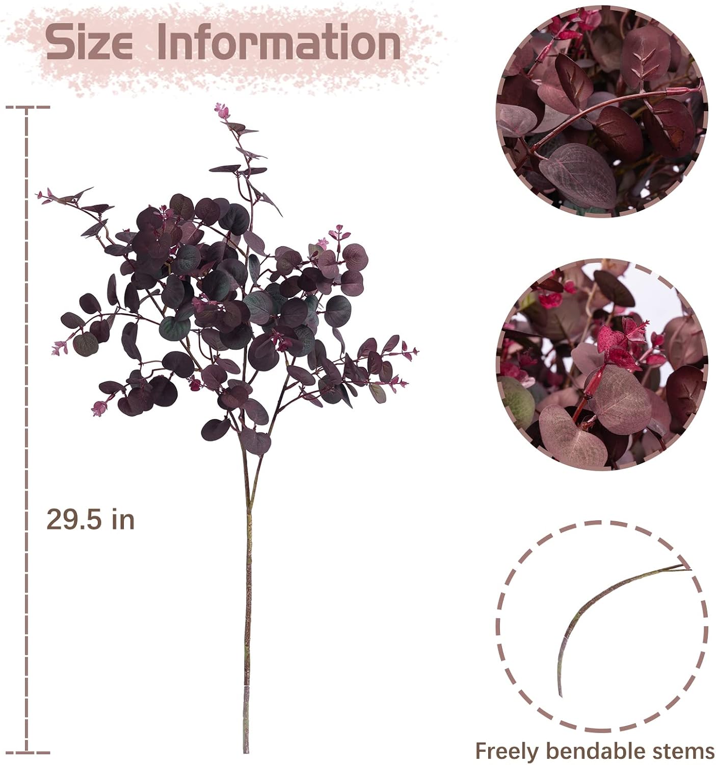 Artificial Plants Silk Eucalyptus Leaves Tall 29" Eucalyptus Stems Branches / Wine Red / Set of 3