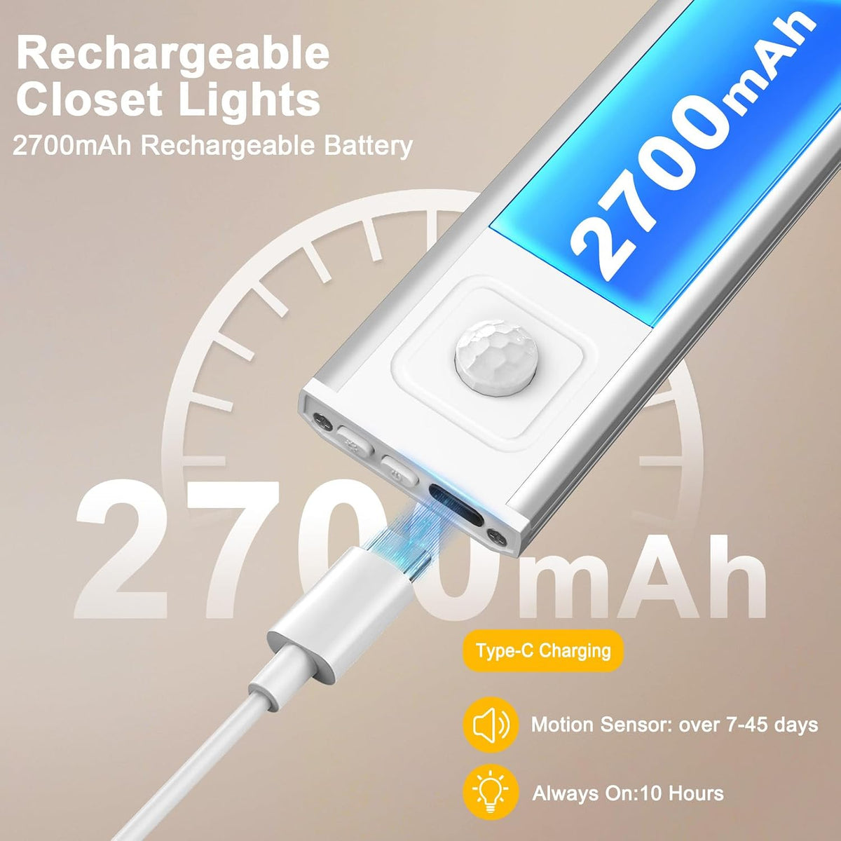 Onforu 13.8" Under Cabinet Lighting, 2700mAh USB-C Rechargeable, Motion Sensor Under Cabinet Lights with 3 Color &