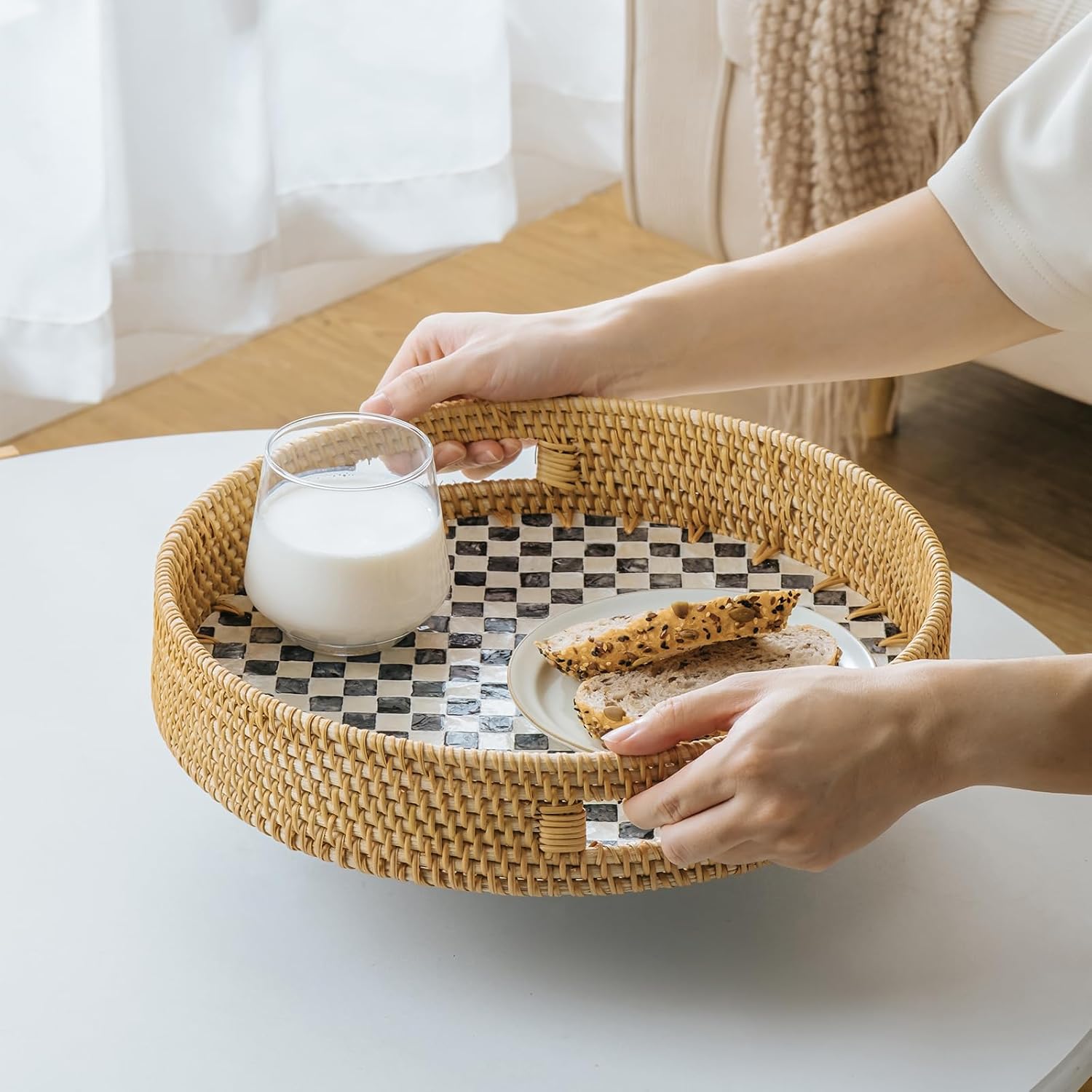 in Round Rattan Serving Tray / Black / 13.8 Inch