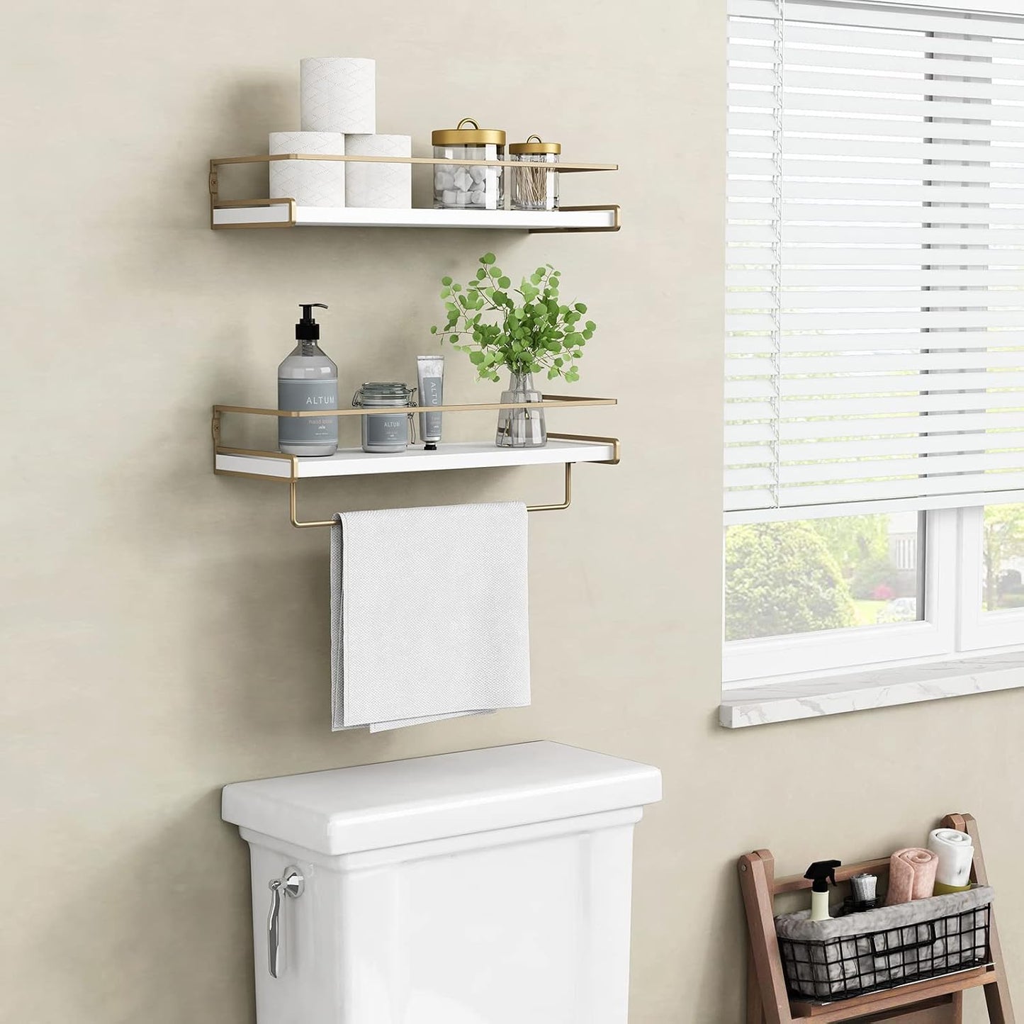 Forbena Floating Bathroom Shelves Wall Mounted, Aesthetic White and Gold Shelves for Bathroom Accessories, Modern