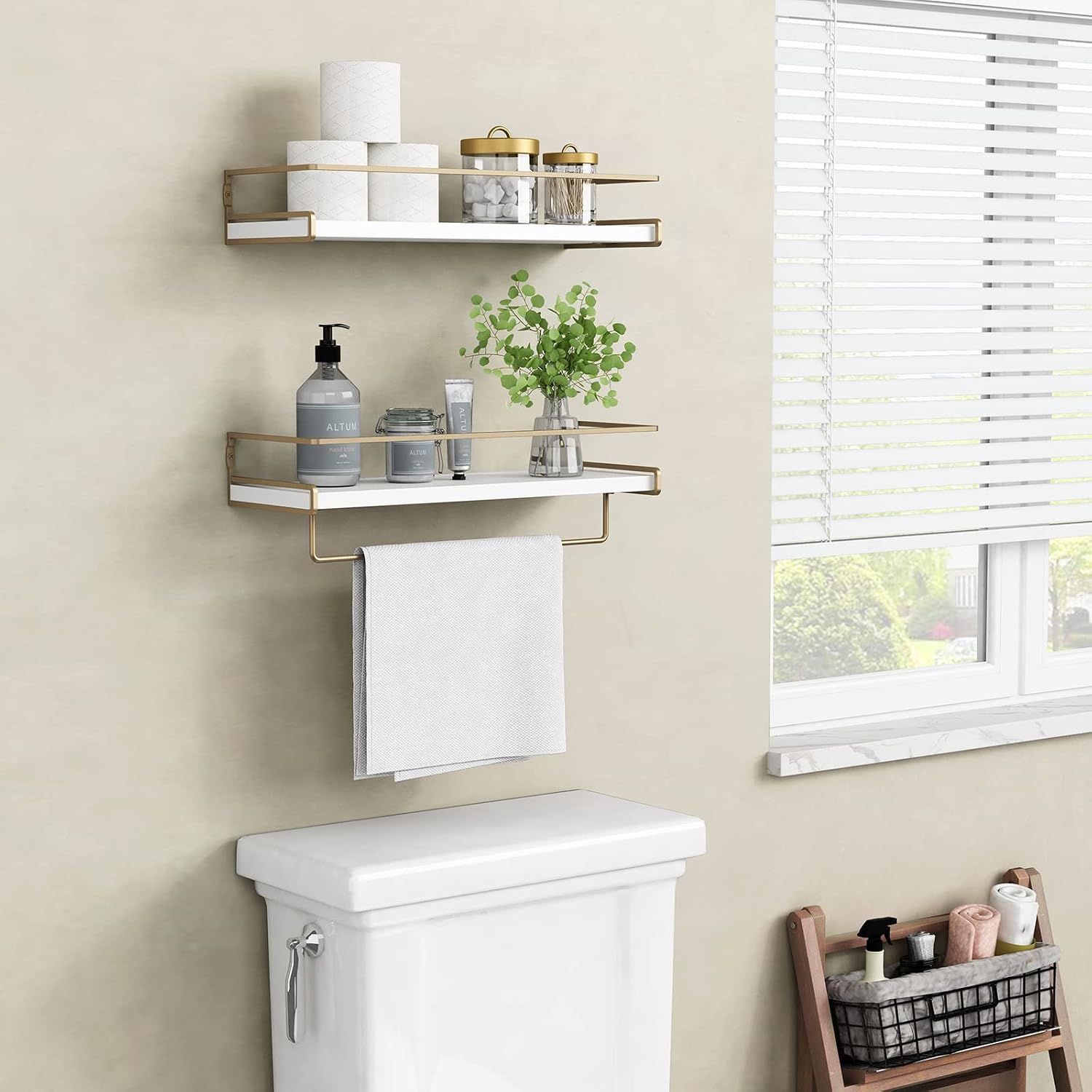 Forbena Floating Bathroom Shelves Wall Mounted, Aesthetic White and Gold Shelves for Bathroom Accessories, Modern