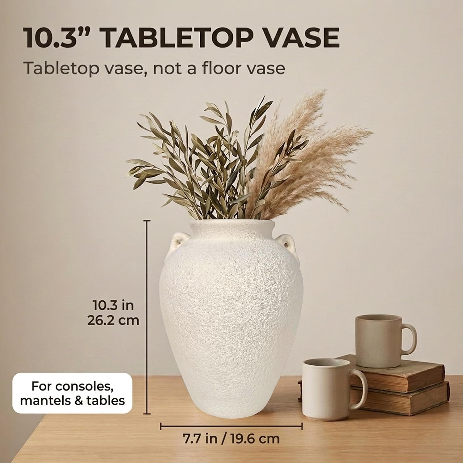 10.3" Ceramic Vase / 10.3" Tall Handles / Antique White