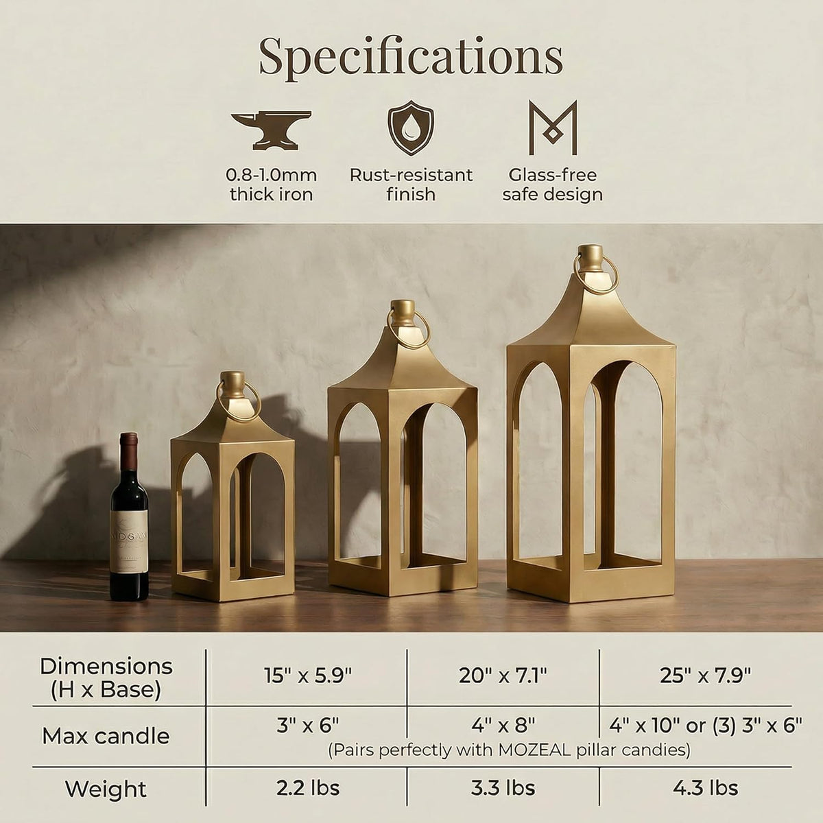 MOZEAL 20" Large Grace Spire Floor Lantern - Gold Heavy Metal No Glass - in/Out Use, for Fireplace/Patio/Entryway/Porch