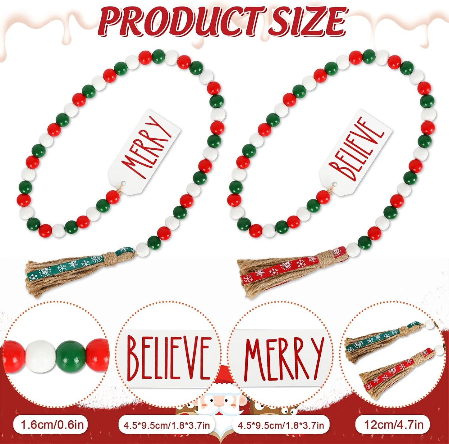 Christmas Wooden Bead Garlands Green White Wood Beads / Red / Set of 2