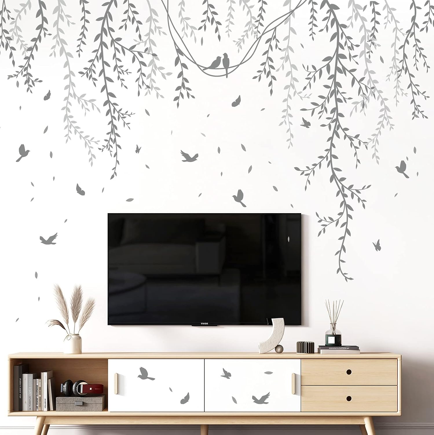 Hanging Willow Branch Wall Stickers DIY Vine Leaf Plant Wall Decals Peel and Stick Grass / Grey