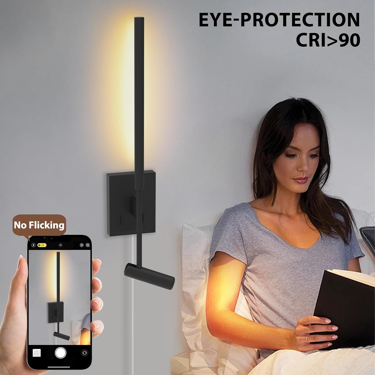 Modern Plug in Wall Sconce Indoor Wall Light Set of two for Bed, Corded Minimalist Bedside Linear Wall Sconce With