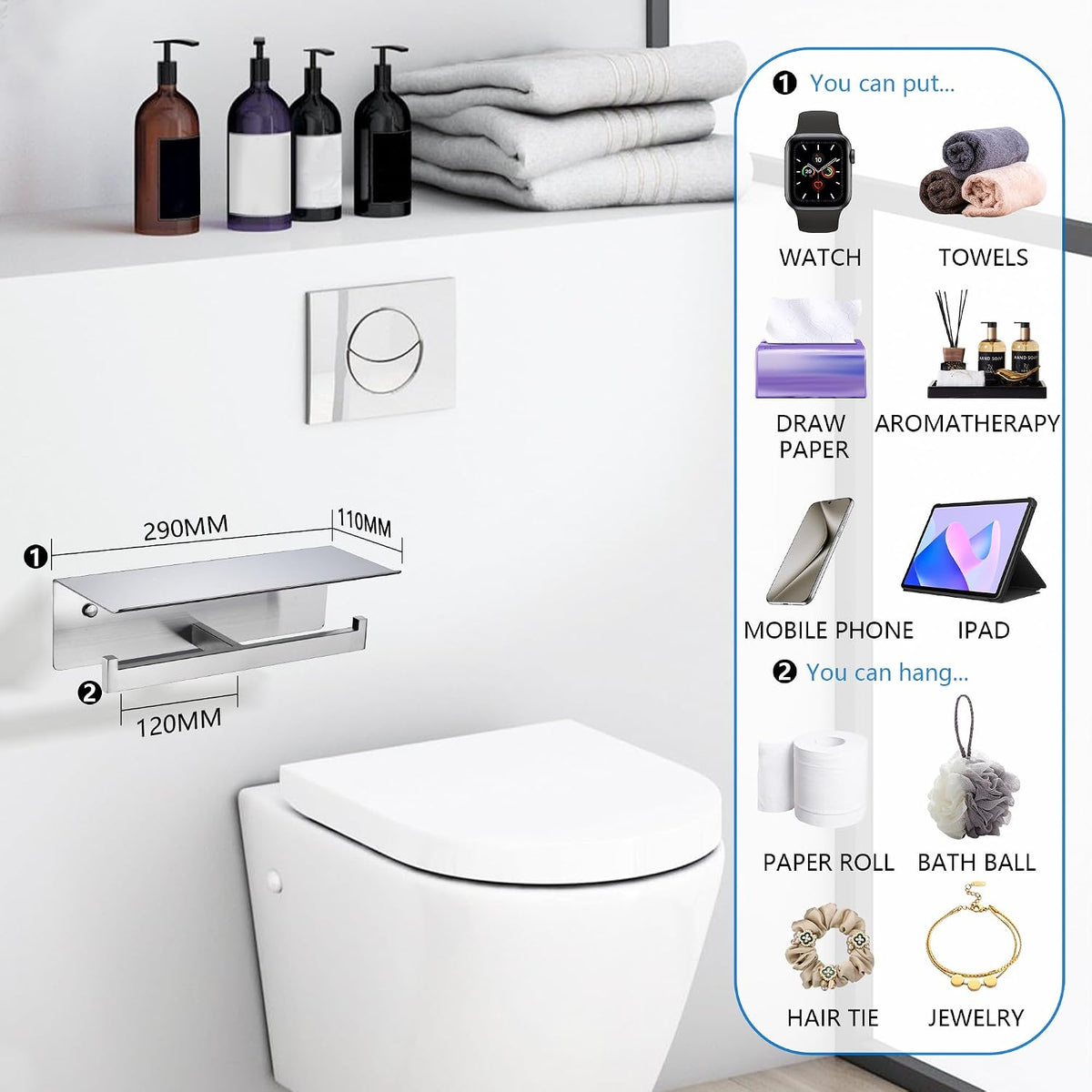 LANC Double Toilet Paper Holder with Shelf, Brushed Nickel Commercial Toilet Tissue Roll Dispenser with Phone Shelf 304