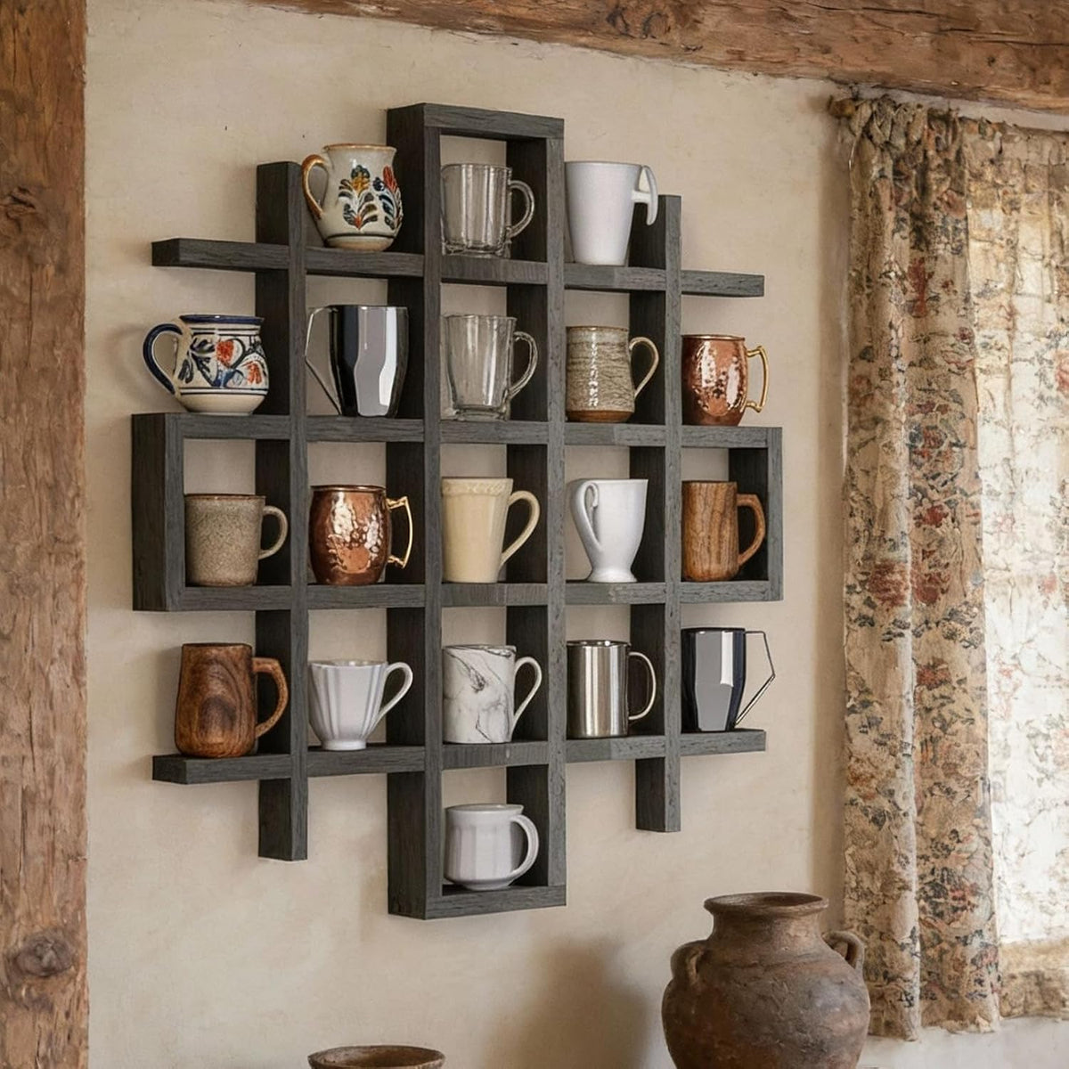 Suzile Mug Display Shelf Wall Mounted,Grid Size 5.1x5.1x3in,Grey | Rustic Wood Floating Shadow Box for Coffee Mugs