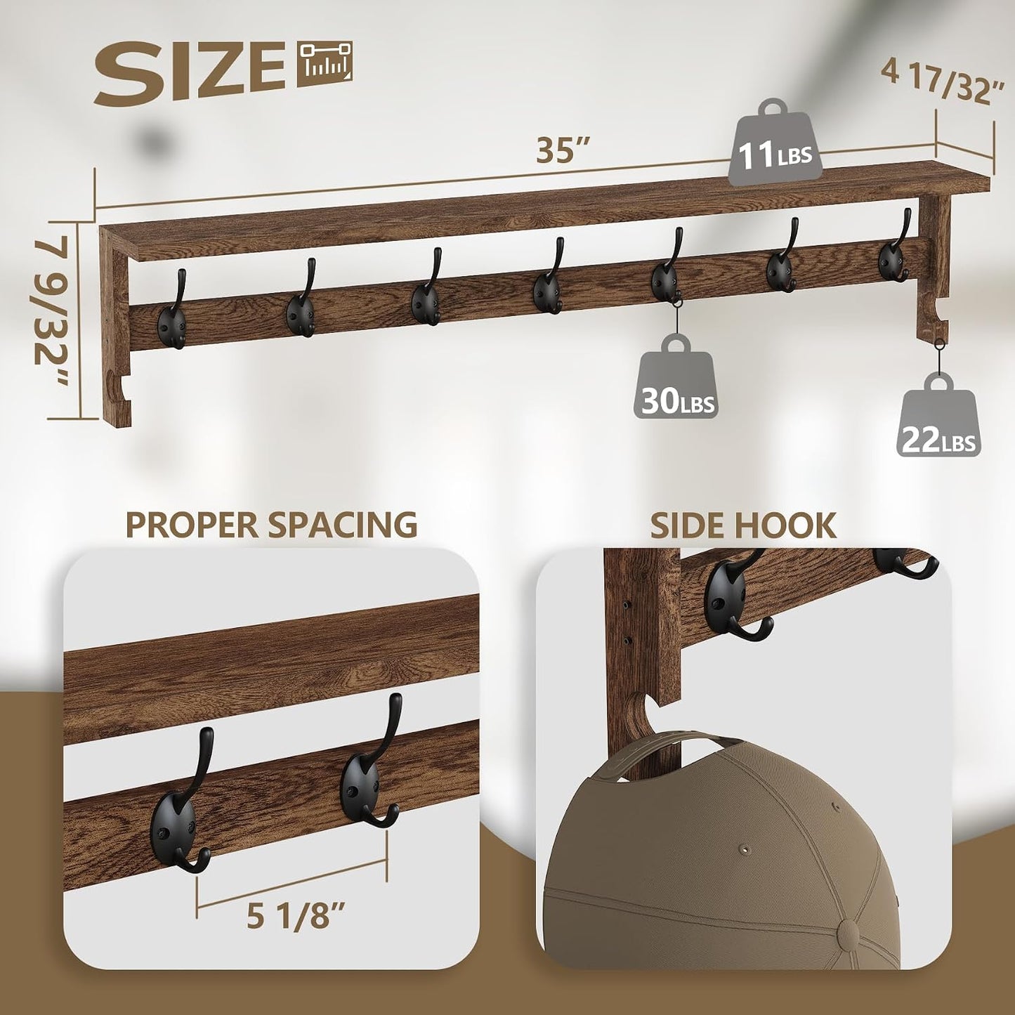 7 Metal Hooks 2 Side Hooks / 7+2 Hooks 35" L / Brown / 35 Inch