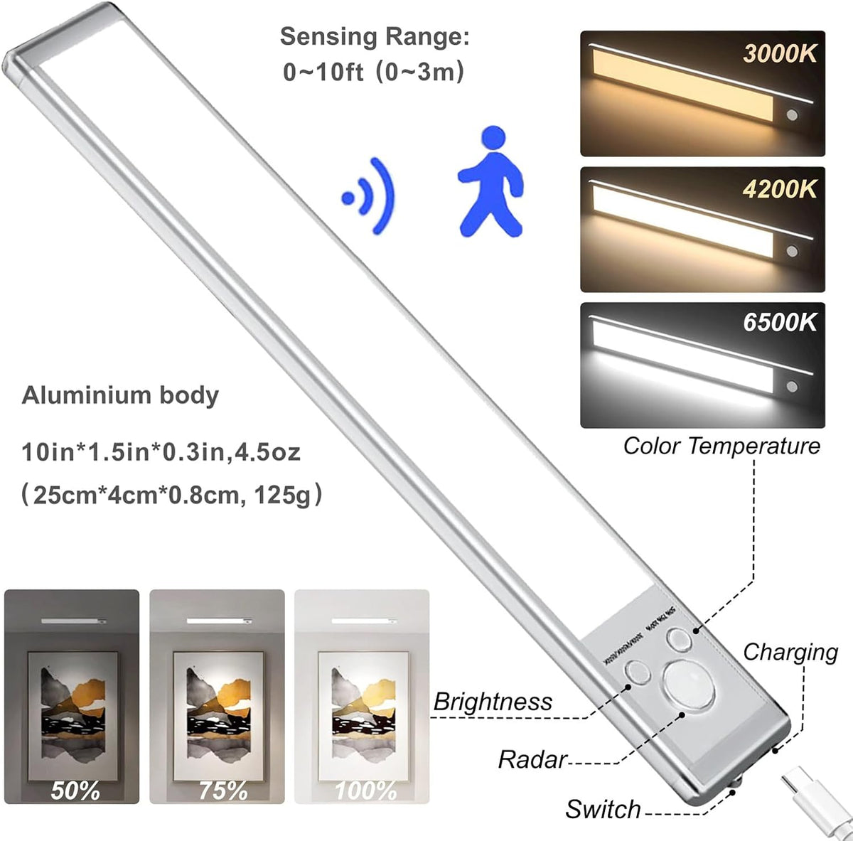 4 Pack Under Cabinet Lighting, 10in Rechargeable Motion Sensor Light Indoor | 3 Color Temperatures, 76 LEDs, Wireless