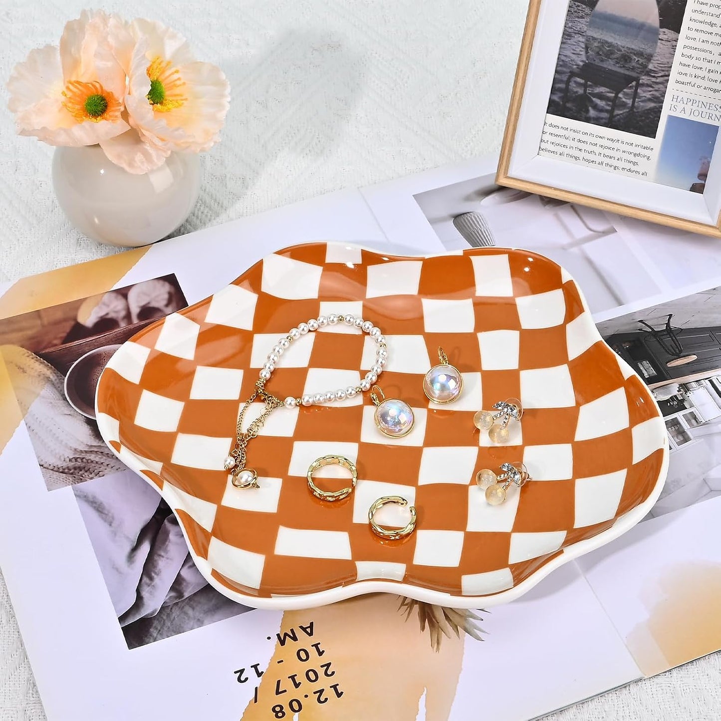 Ceramic Jewelry Dish Trinket Tray Organizer / Brown Plaid