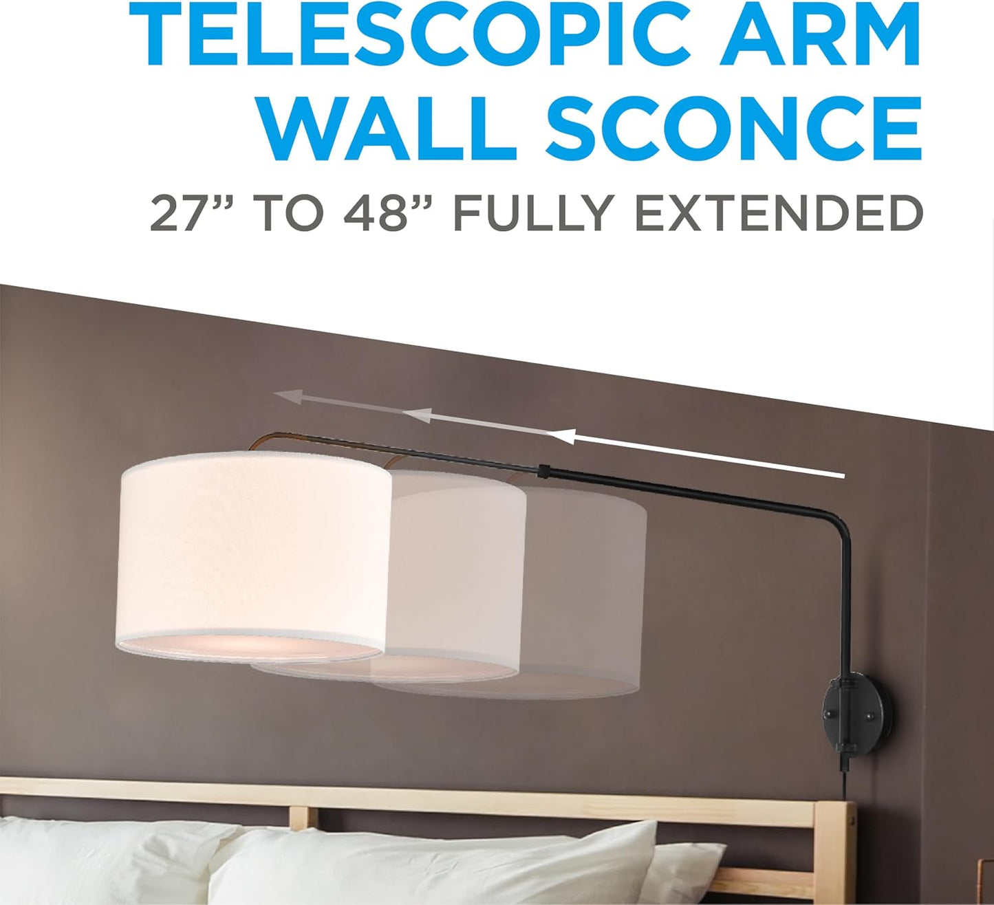 Coby Adjustable Sconce, Wall Mount Light with Telescopic Swing Arm, Matte Black Finish with 2 Linen Shades Included