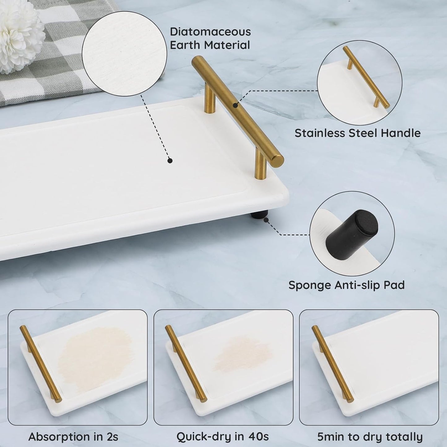 Fast Drying Stone Diatomaceous Earth Tray / White-gold / 12.2 x 5.9 x 2.5