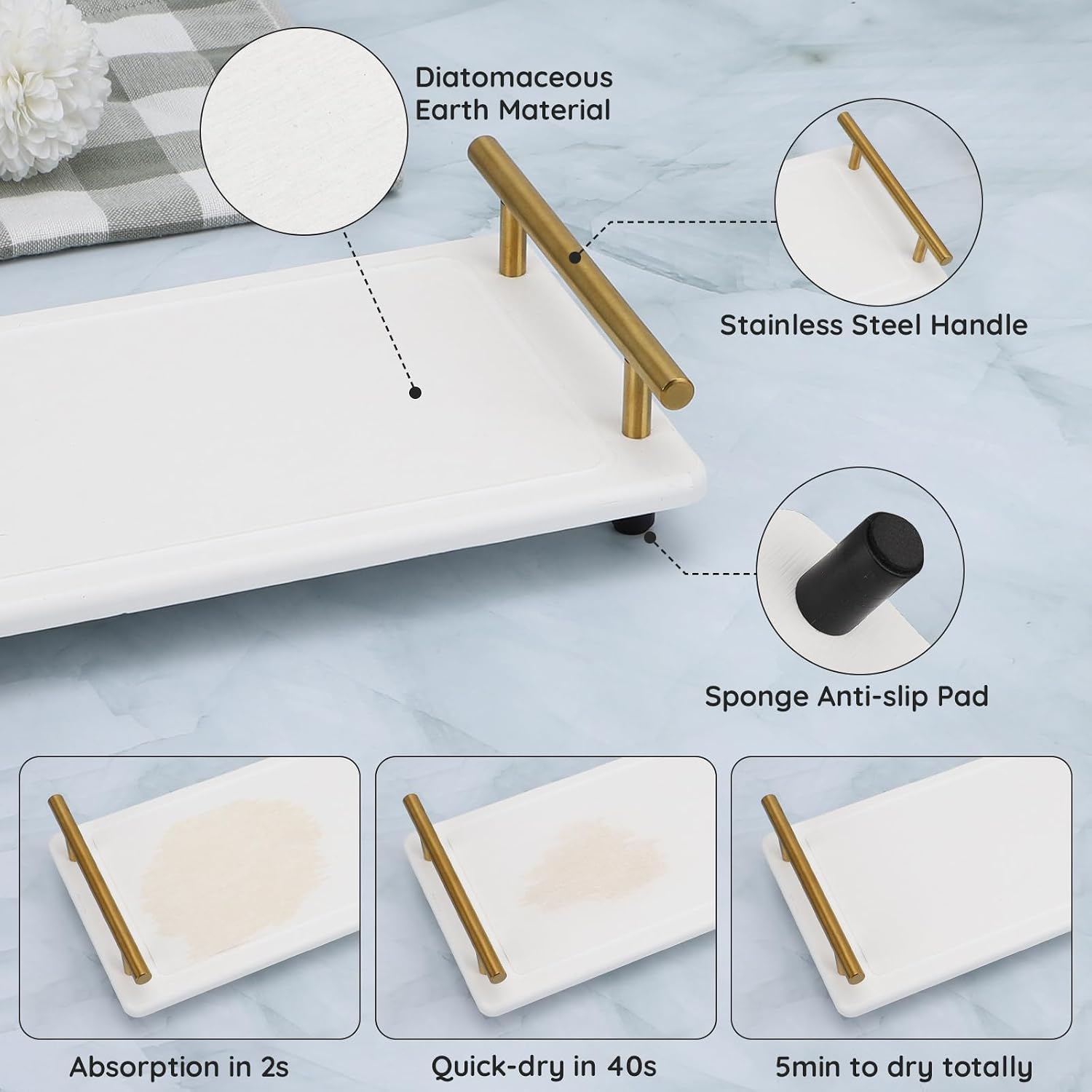 Fast Drying Stone Diatomaceous Earth Tray / White-gold / 12.2 x 5.9 x 2.5