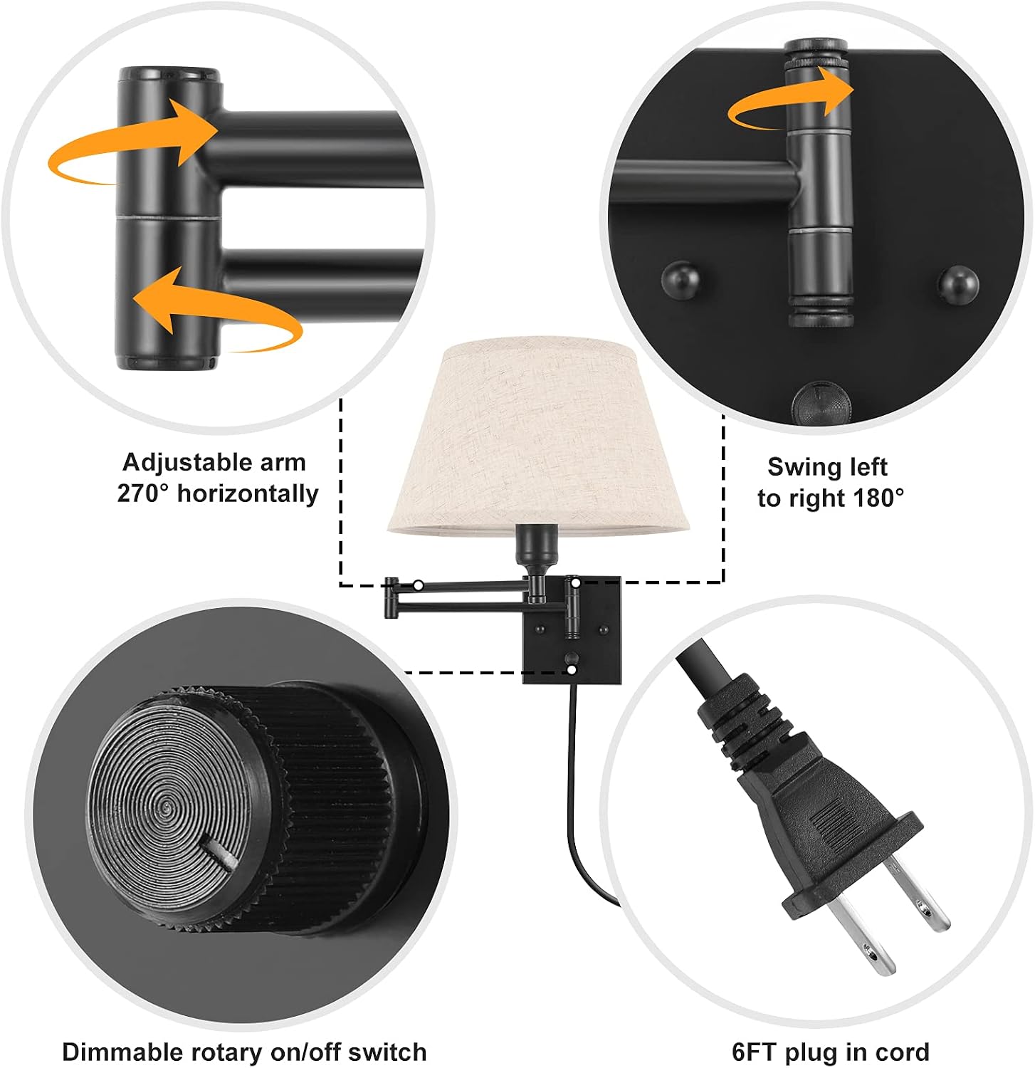 TRLIFE Dimmable Wall Sconce Plug in, Wall Sconces Set of Two Swing Arm Wall Lights with Plug in Cord and On/Off Dimmer