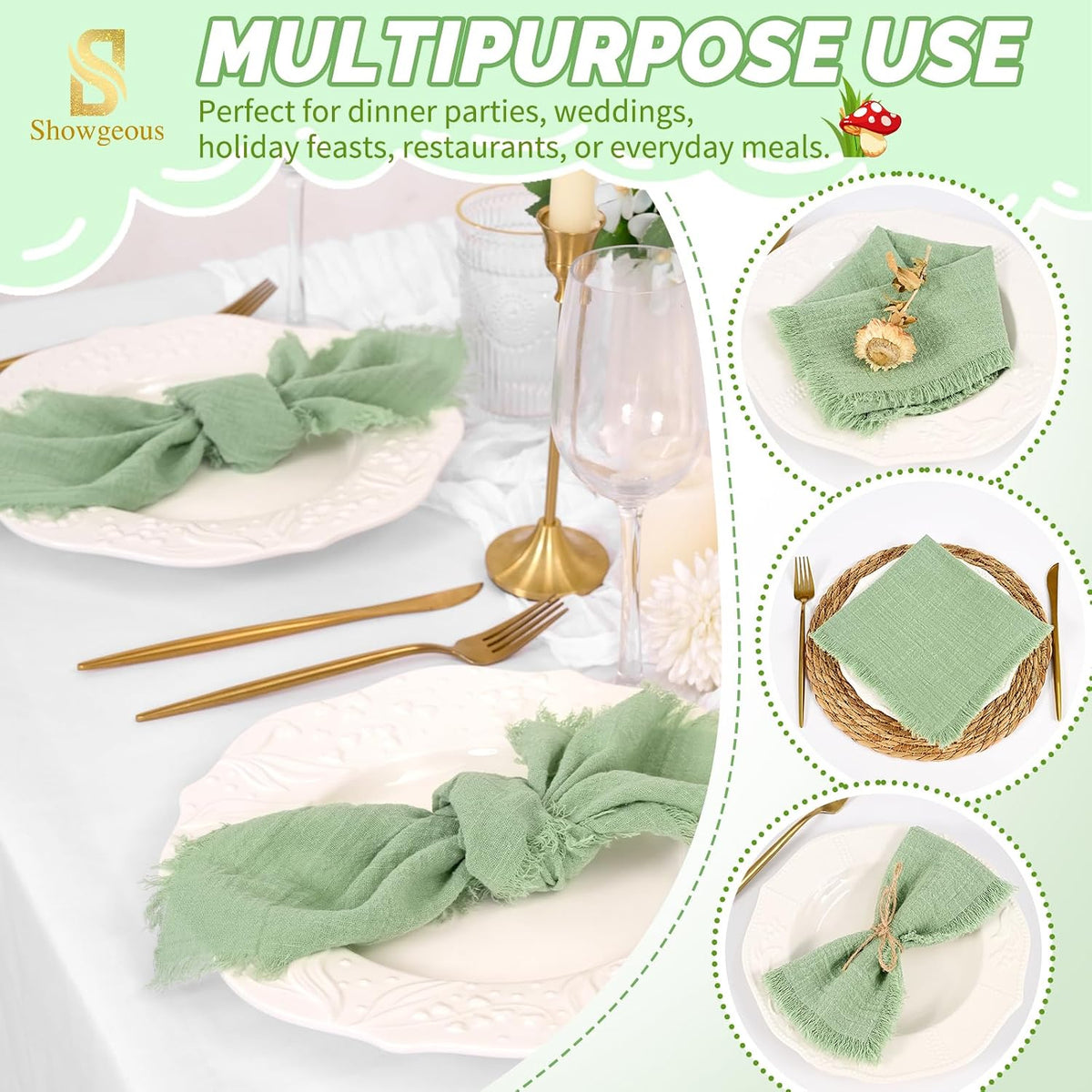 Showgeous 30 Pack Sage Green Cloth Napkins with Fringe, 16x16 inch | 100% Cotton Green Napkins Handmade Dinner Napkins