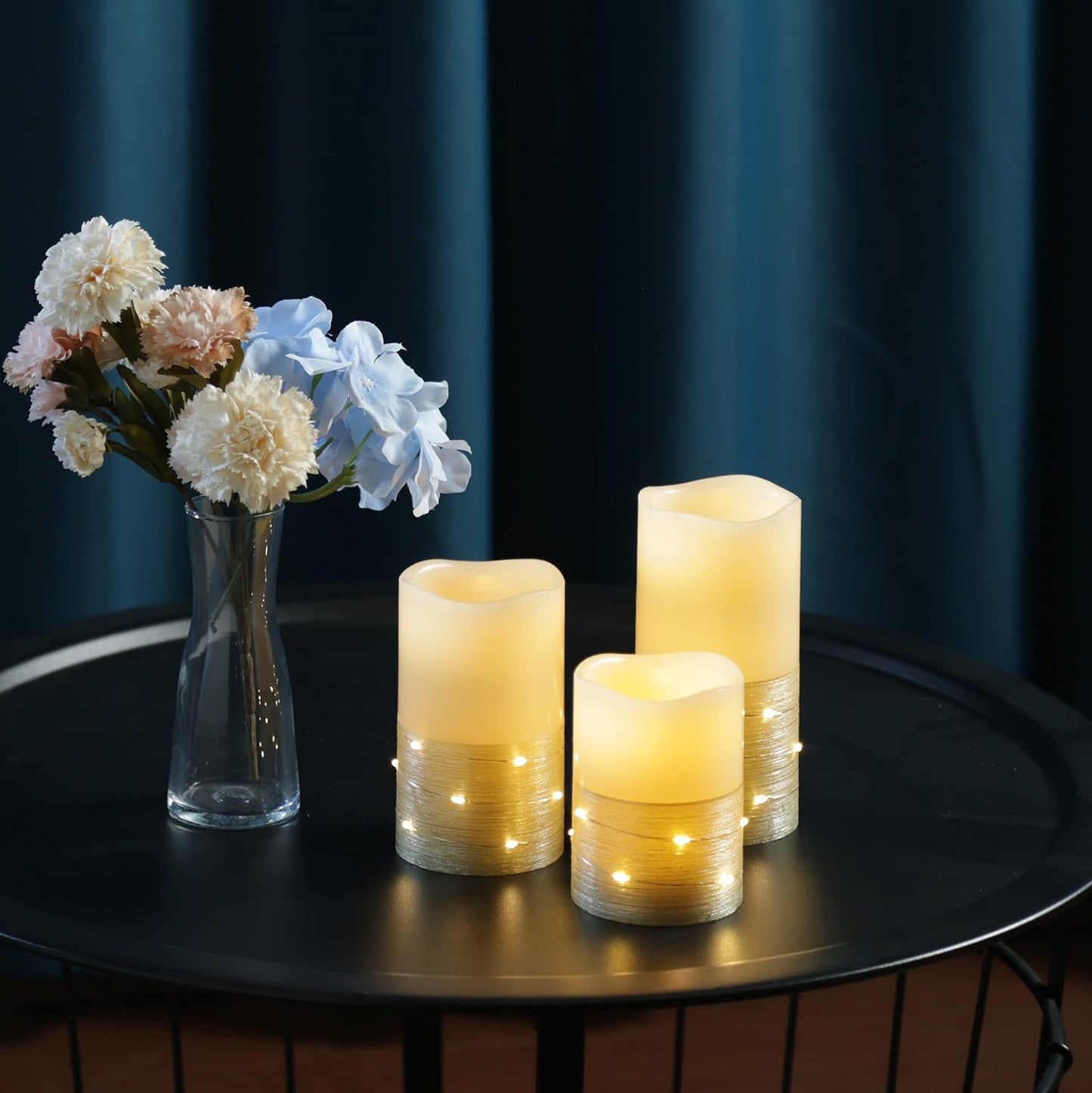 H-BLOSSOM Flickering Flameless Candles Ivory Real Wax Pillar with Embedded String Lights LED Candles Battery Operated