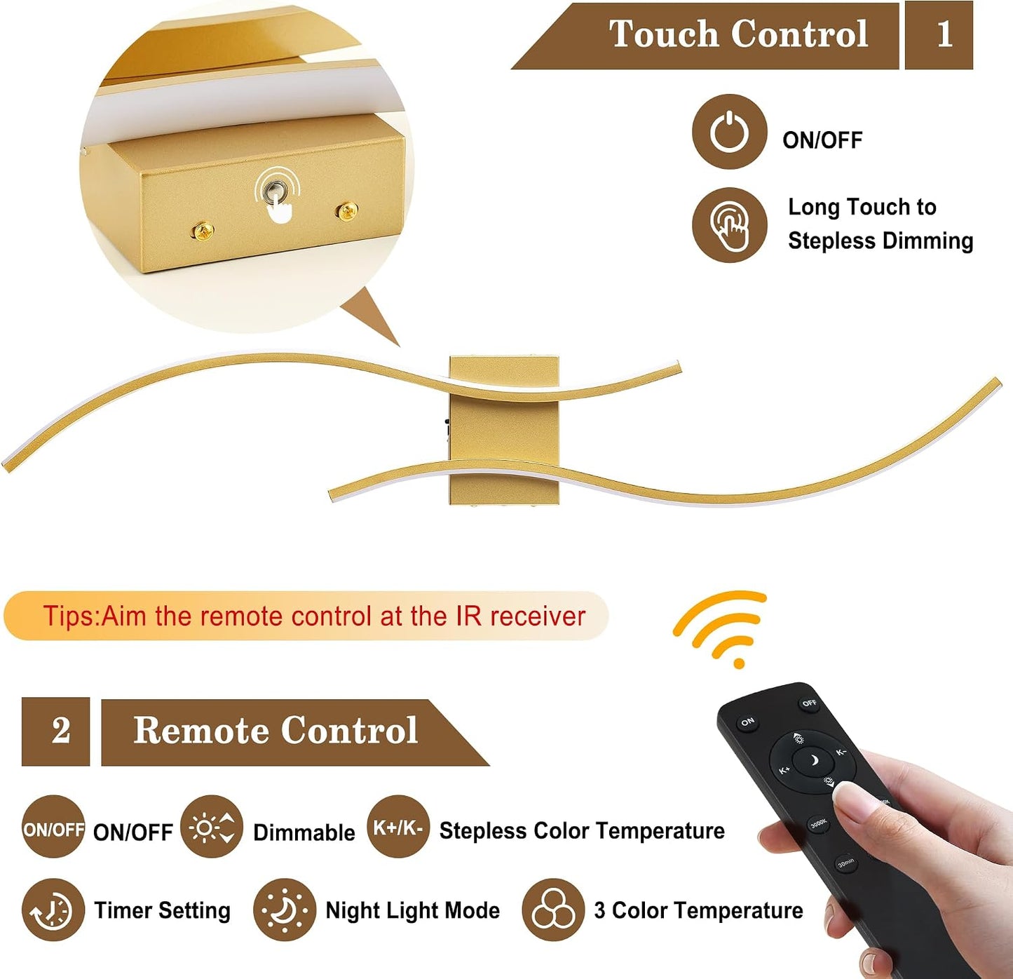 KARTOOSH Battery Operated Wall Sconce Set of Two with Remote Control | Wireless Wall Sconces with Stepless 3CCT &