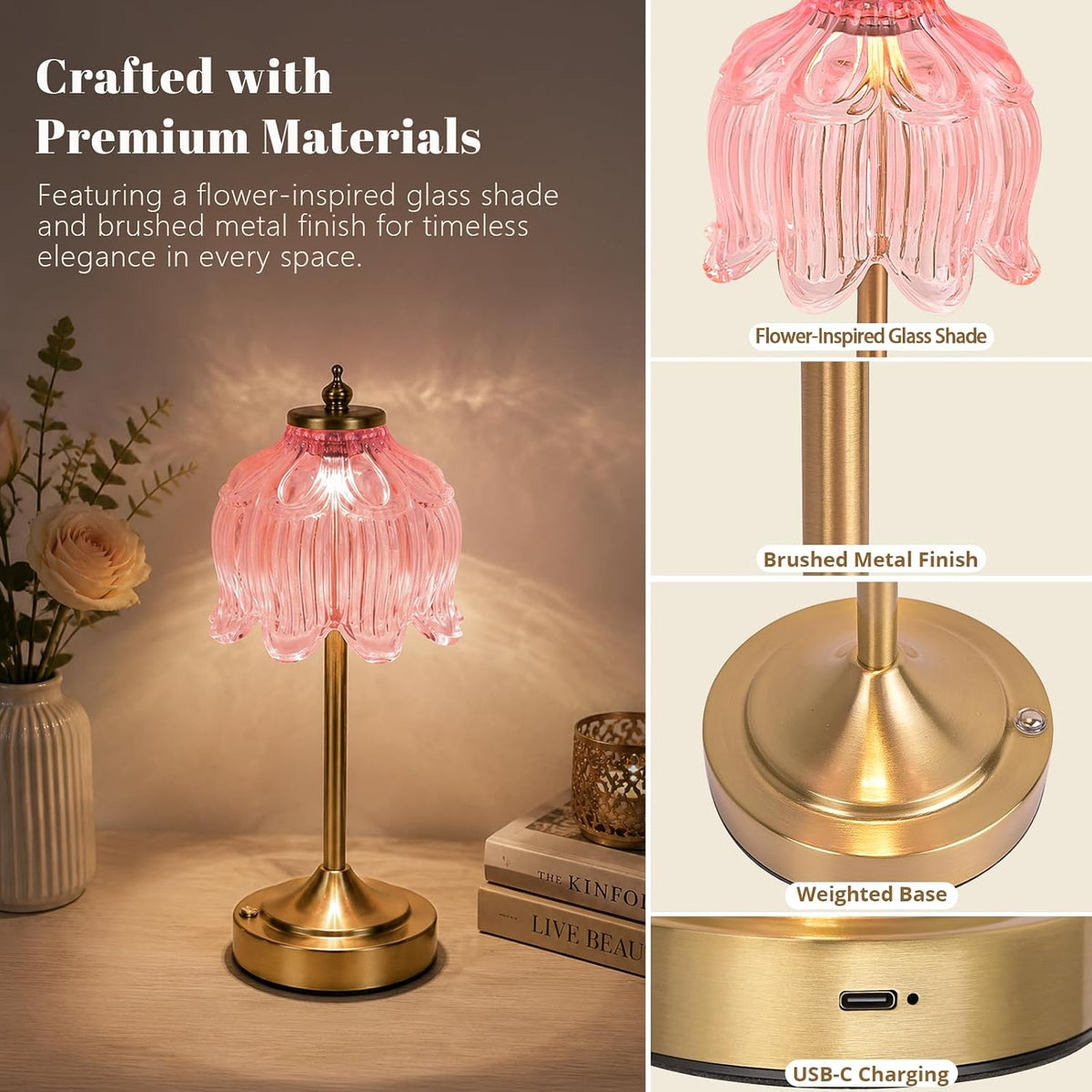 Pink Glass Flower Lamp, Rechargeable Cordless Table Lamp | Amber rechargeable lamp with 5200mAh battery, 3 color modes