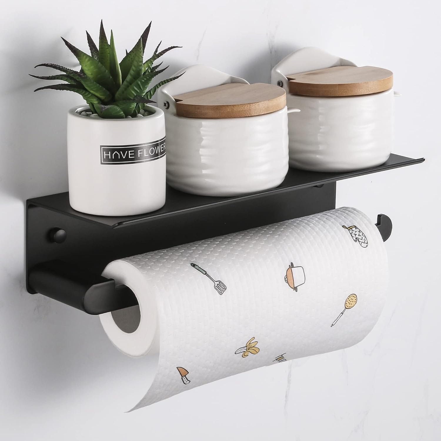 Wall Mount Paper Towel Holder with Shelf, Adhesive Towel Rack Matte Black | Self-Adhesive Paper Towel Holder with Shelf