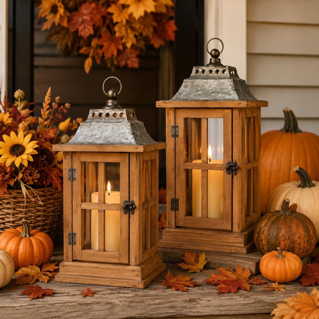 Bdor 15 Inch Outdoor Decorative Lanterns, Set of 2 Wooden Candle Lanterns | Tempered glass, galvanized tops, decorative