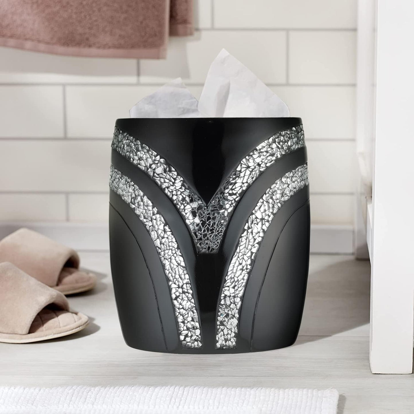 Zahari Home 2pc Sinatra Black Modern Bath Accessories Set Waste Basket & Tissue Box Modern Decorative Beautiful Designs