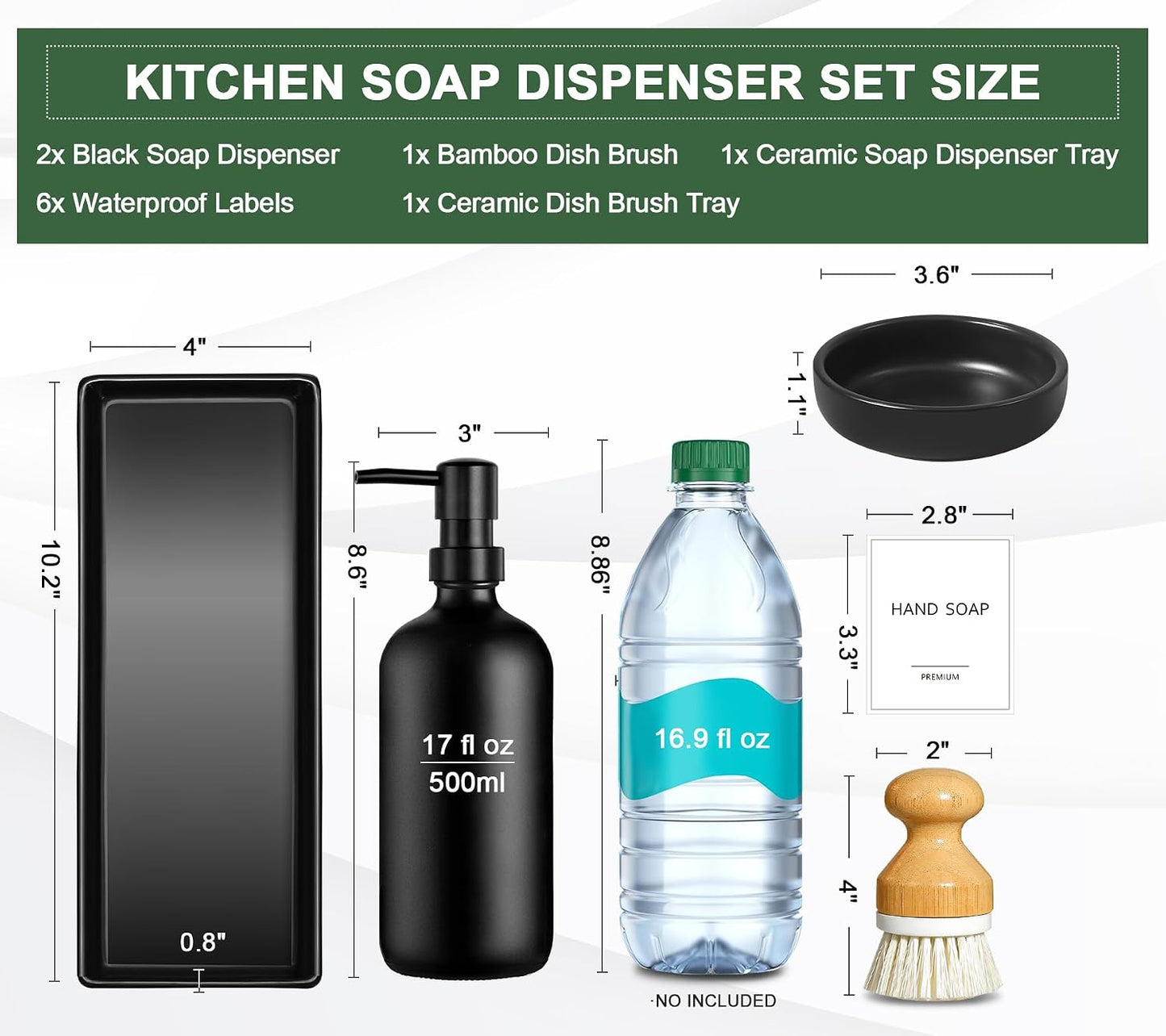 GMISUN Kitchen Soap Dispenser Set, 17 fl oz Dish Soap Dispenser with Ceramic Tray & Bamboo Brush for Kitchen, 2Pcs