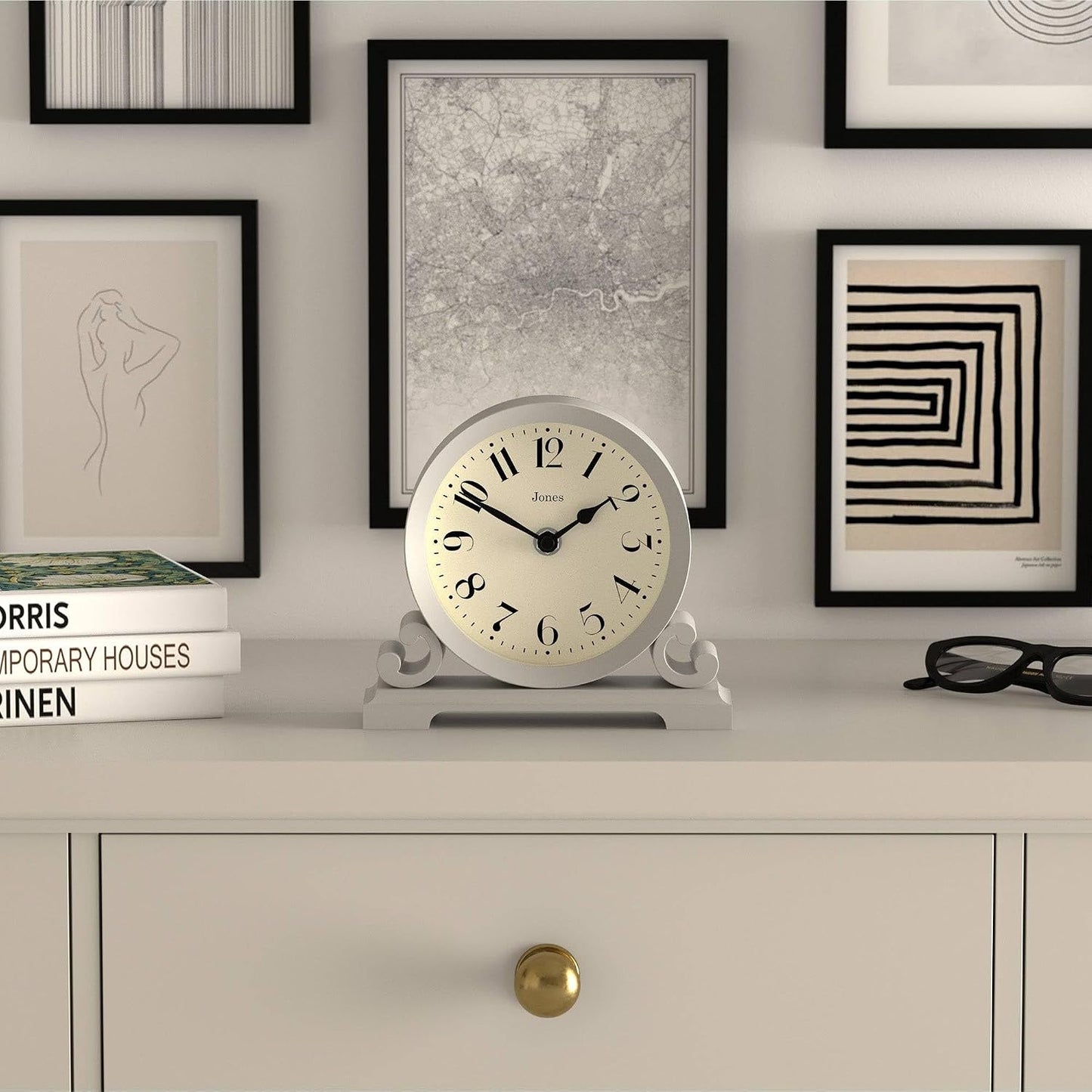 JONES CLOCKS® Saloon Mantel Clock | Small Traditional Double Scroll Design | Gray | Contemporary Classic Style for