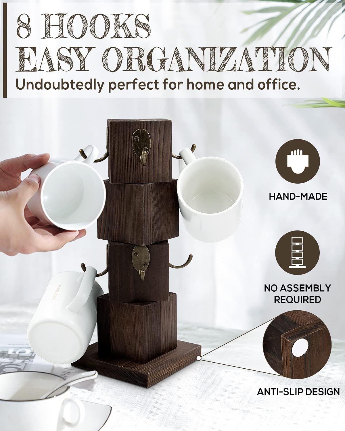 Coffee Mug Holder for Counter, Rustic Solid Wood Mug Tree | Farmhouse Wooden Coffee Cup Rack with 8 Hooks (Rustic Brown)
