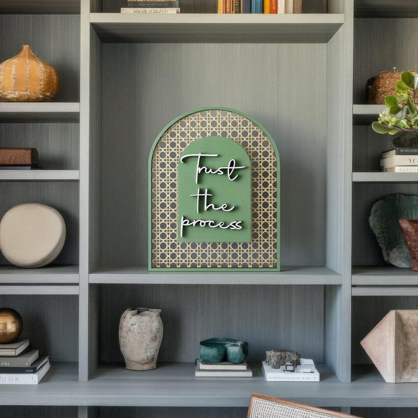 Boho Shelf Decor Trust The Process Wooden Standing Sign Inspirational Hollow Arched / Sage Green