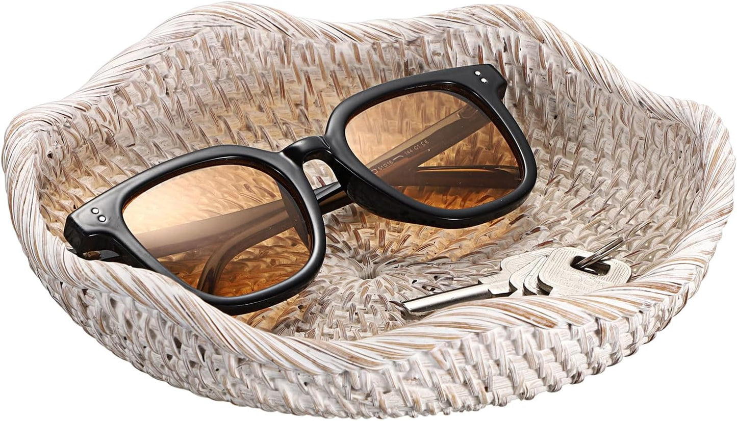 Handwoven Rattan Basket Tray Decorative Key Tray for Entryway Table Handwoven / 7.9 Inch / Whitewash