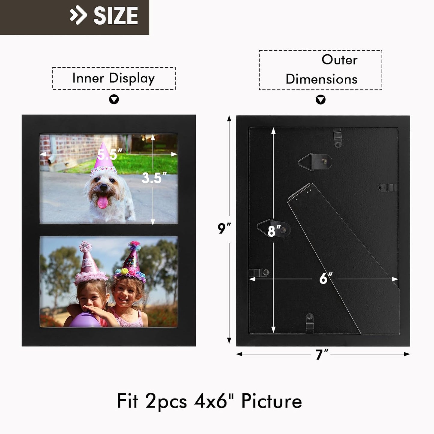 Golden State Art, 4x6 Double Picture Frame, Display Two 4x6 Photos(Black) | Solid Wood- Real Glass For Tabletop Or Wall