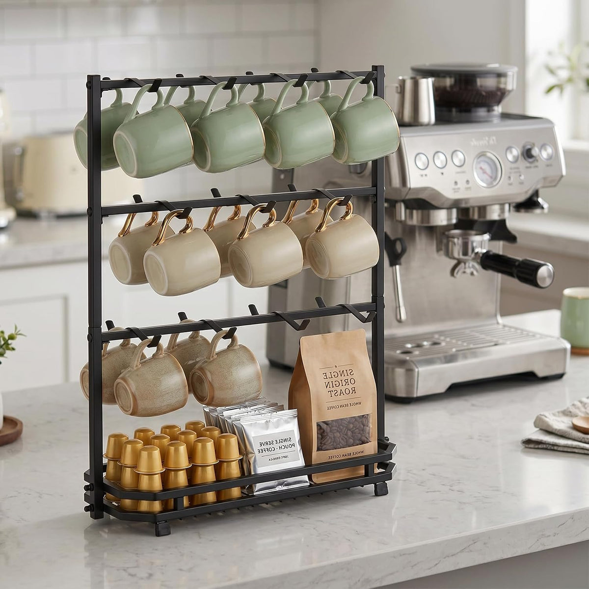 Coffee Mug Holder for Countertop, 22 Hooks Metal Coffee Cup Holder Rack | 3 Tier Mug Tree Holder Rack, Mug Tree Stand
