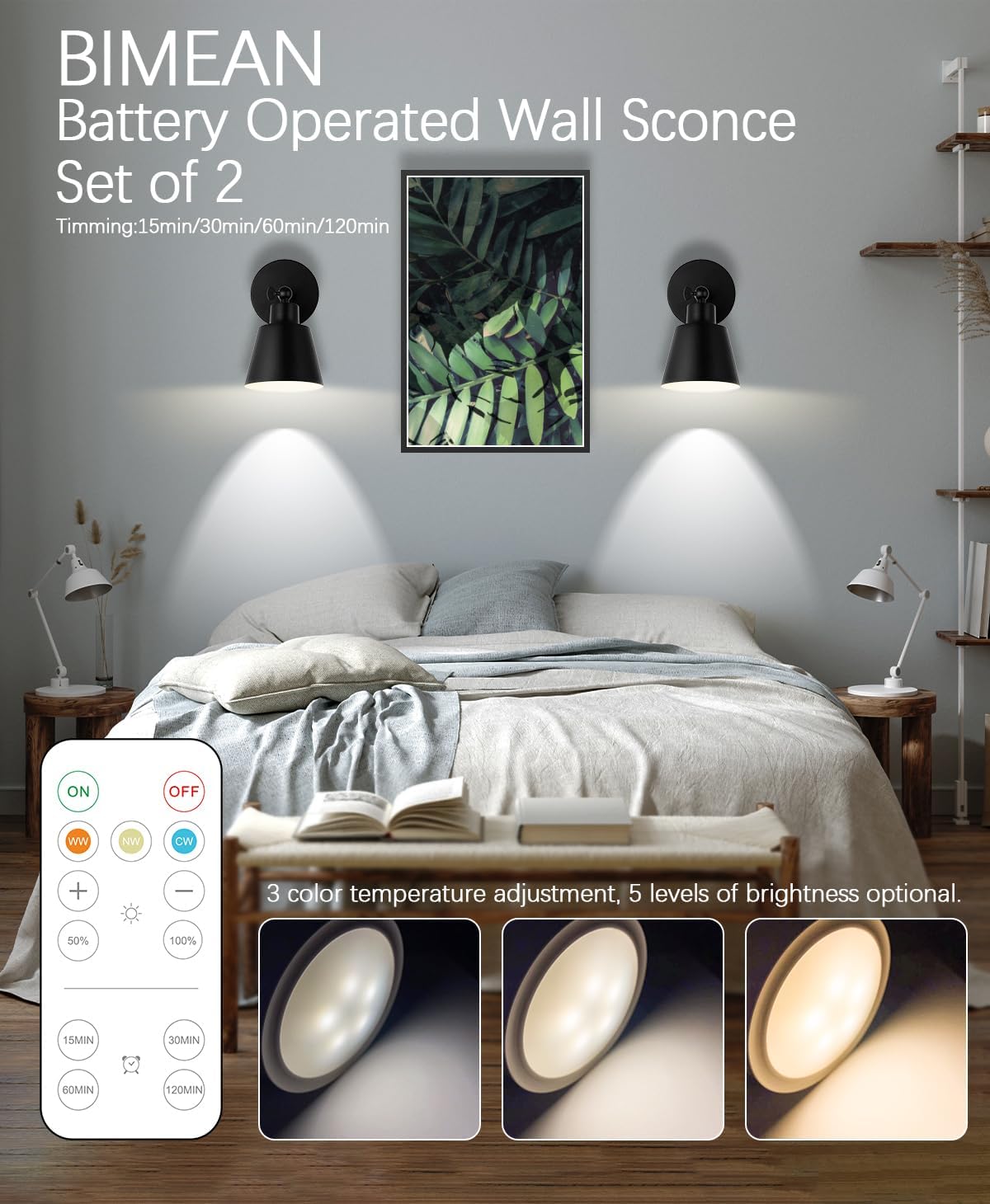 Black Battery Operated Wall Sconce Set of Two, Easy to Install Wireless Lights for Wall, Remote Control Dimmable LED