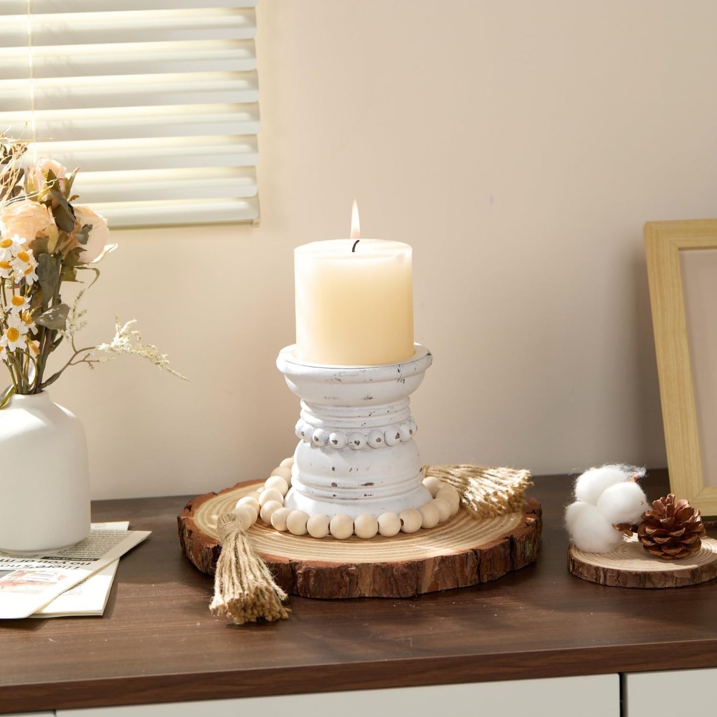 Wooden Candle Holder / Distressed White / 4 Inch