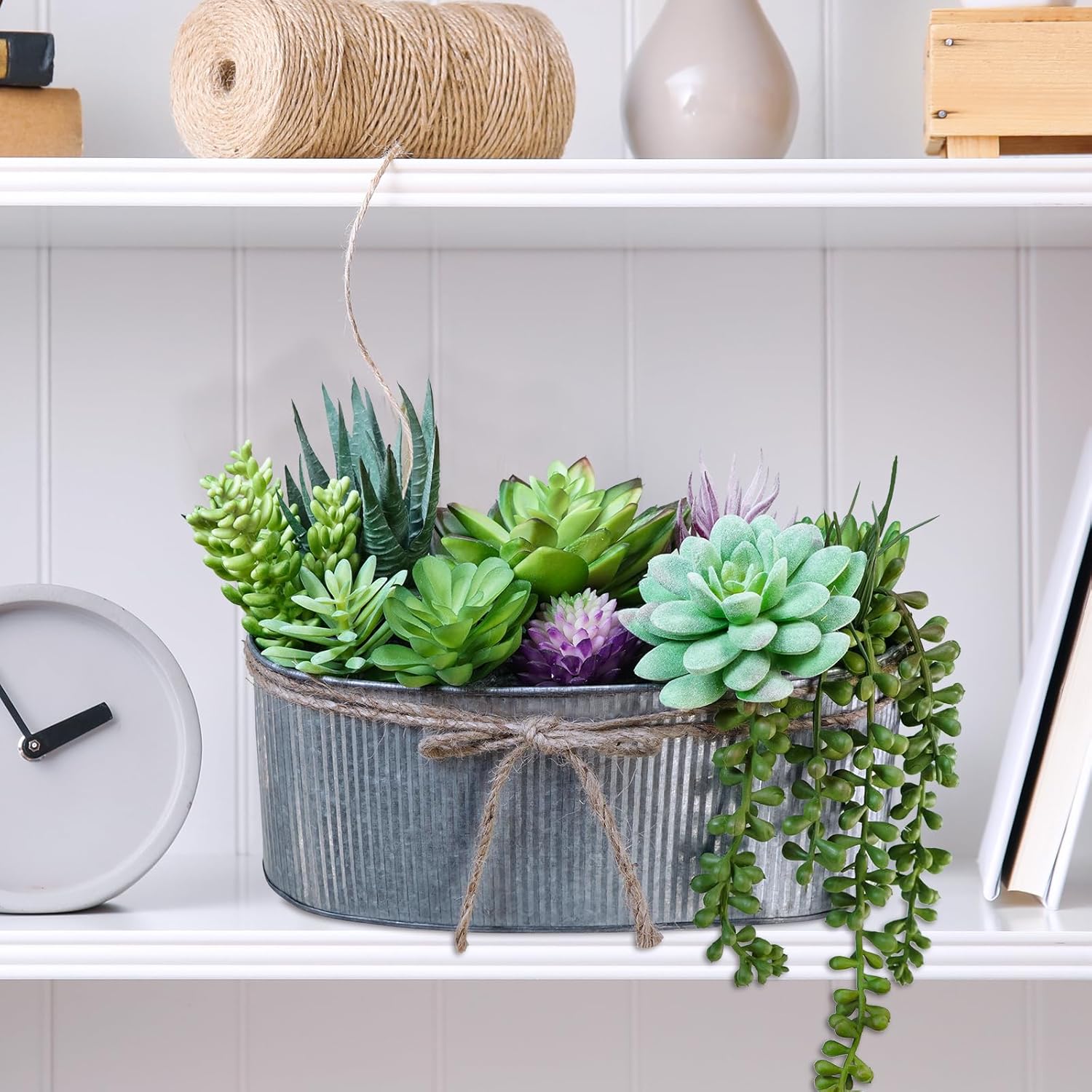 10" Artificial Succulent Arrangement Centerpiece Fake Succulent Plants in Rustic Metal Oval Planter