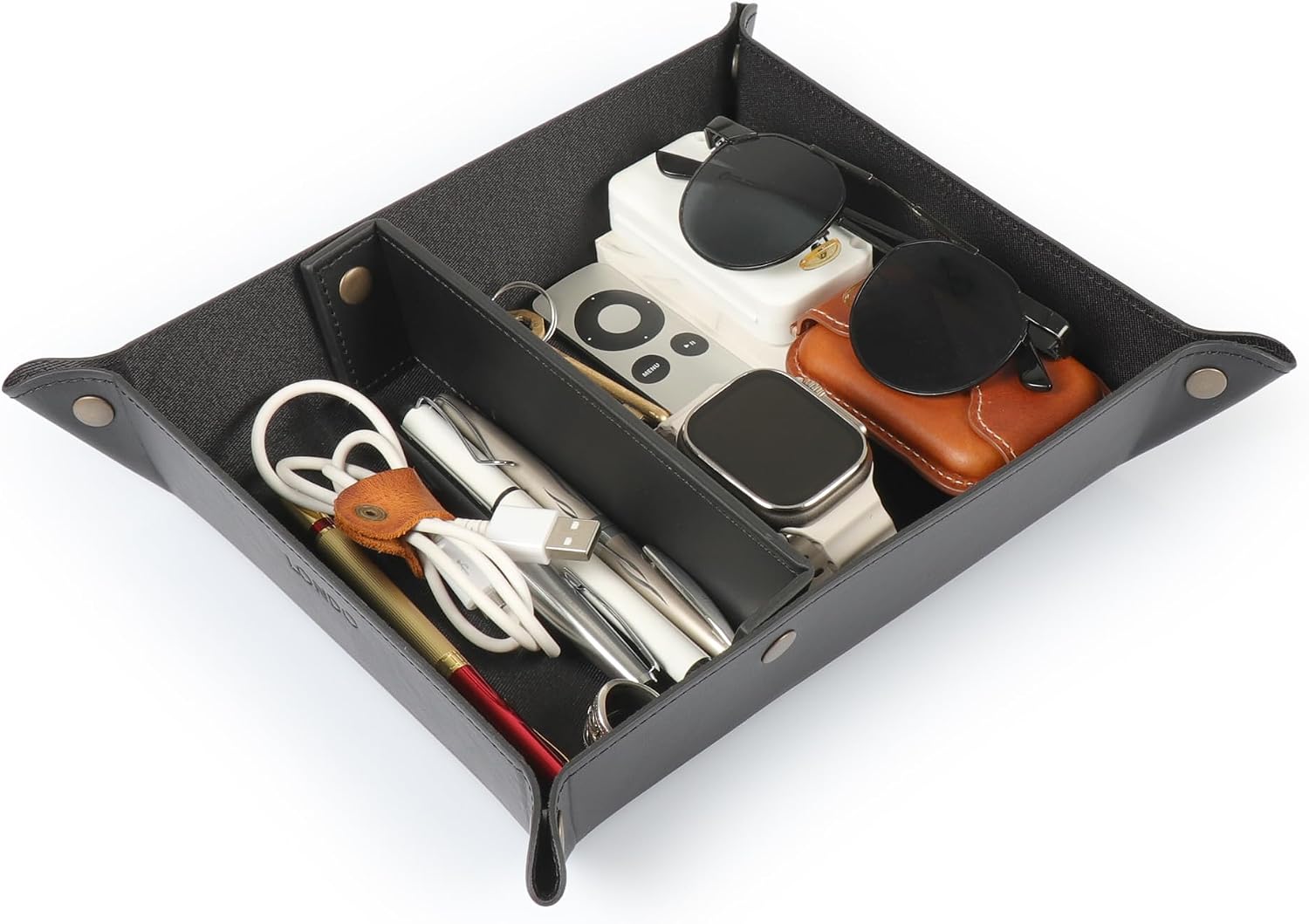 Londo PU Vegan Leather Valet Tray for Men — Brown Exterior with Black Interior Lining, Catchall EDC Organizer for Keys