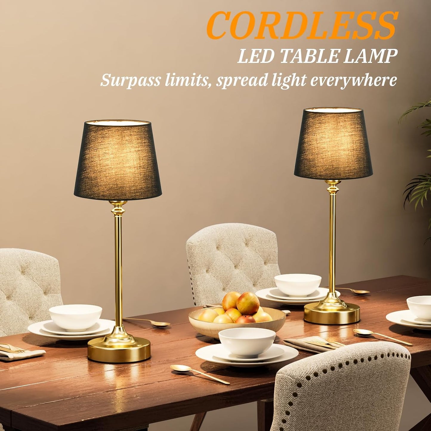 Kakanuo Cordless Table Lamps Rechargeable Set - 2 Pack Brass 4000mAH Battery Operated Lamps for Decor, 3000K Stepless