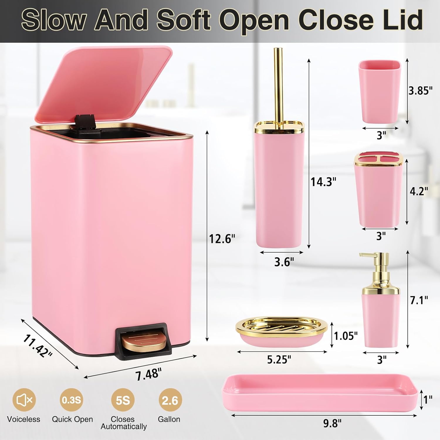 XLHOMO Pink Bathroom Accessories Set 8 Piece Pink and Gold Bathroom Set, Bathroom Sets with Stainless Steel Trash