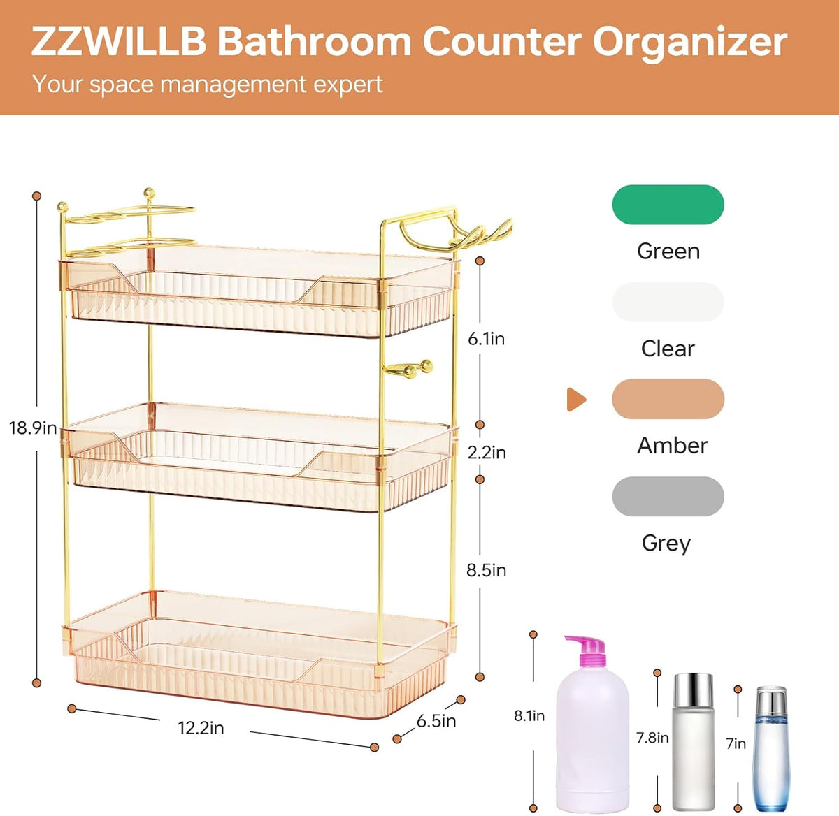 3-Tier Bathroom Countertop Organizer - Amber Acrylic Vanity Trays with Hair Dryer & Toothbrush Holder - Luxury