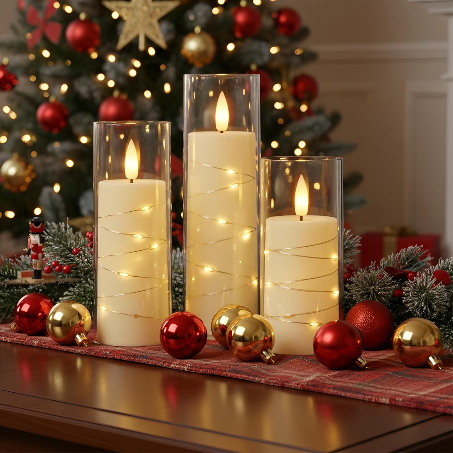 Raycare 9 Pcs Flameless Battery Operated Pillar Candles with Remote Timer | Acrylic LED Candle with Embedded String