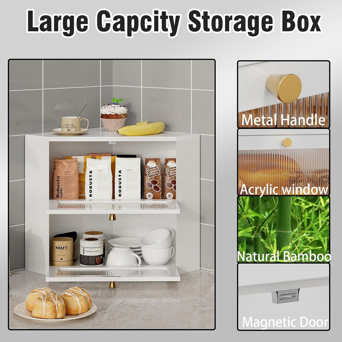 Trironsun Corner Bamboo Bread Box for Kitchen Counter Double Layer Bread Storage Container Large Capacity Bread Storage