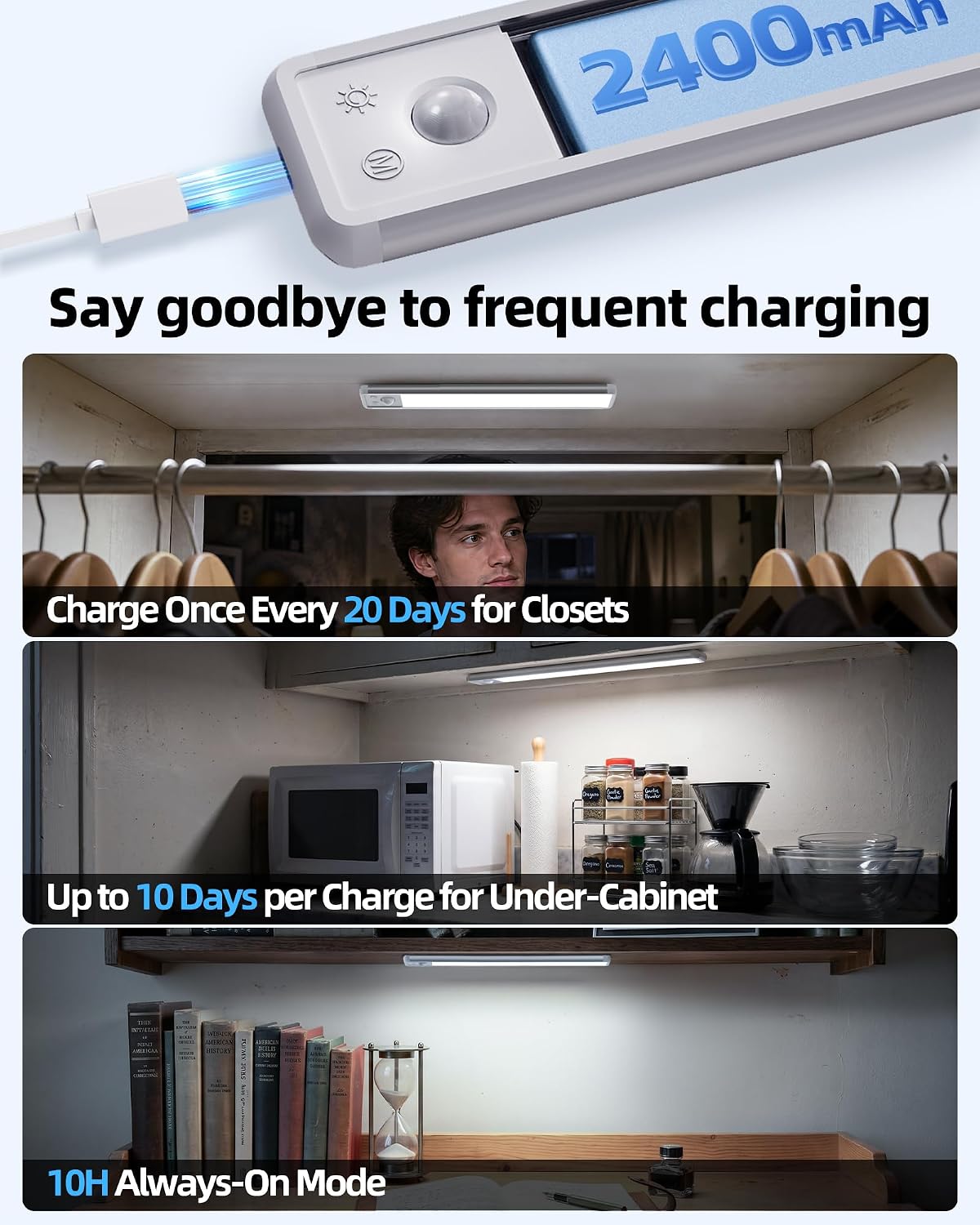 EZVALO 4-Pack Under Cabinet Lighting, 12-inch Motion Sensor Light, 2400mAh Rechargeable, 3 Color Temperatures