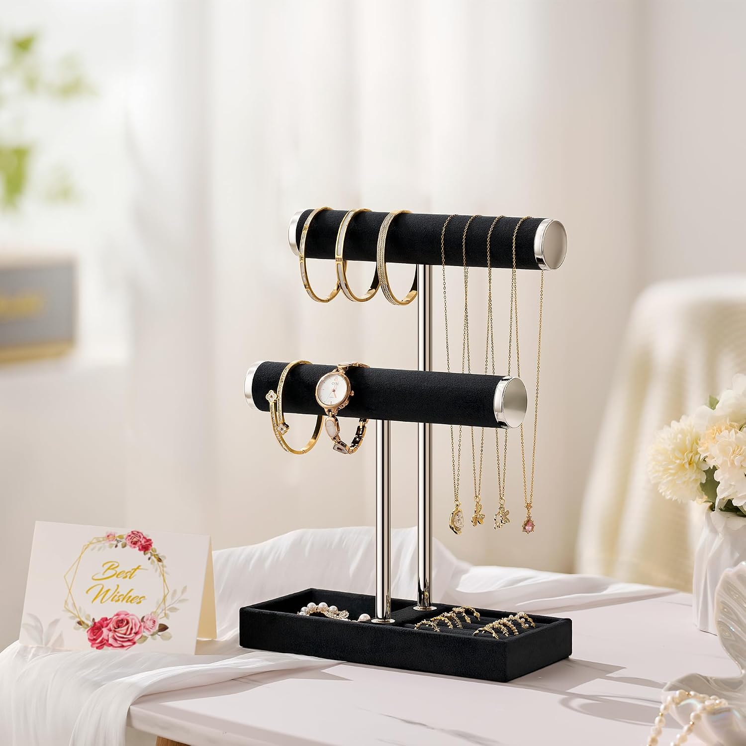 Detachable T Bar Velvet Bracelet Holder / Black and Silver