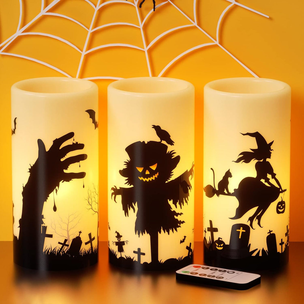 Scarecrow Halloween LED Flameless Pillar Candles with Remote Timer
