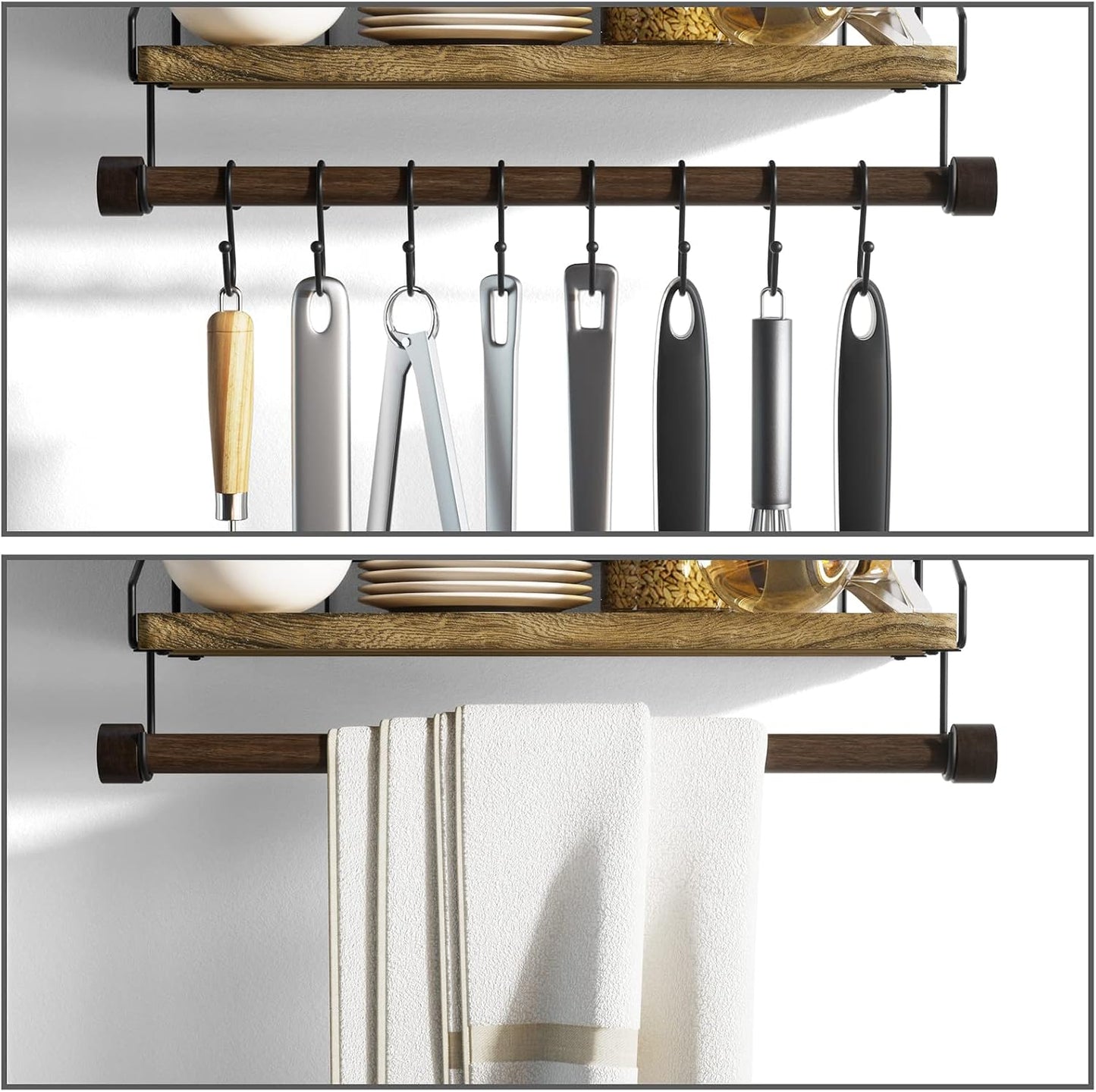 Alsonerbay Floating Shelf for Wall with Wooden Towel Bar, Carbonized Black | 8 removable hooks, rustic finish