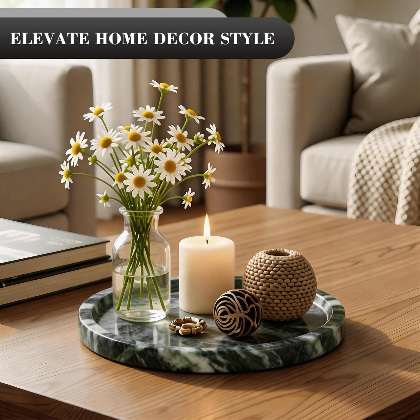 Natural Round Marble Tray / Green