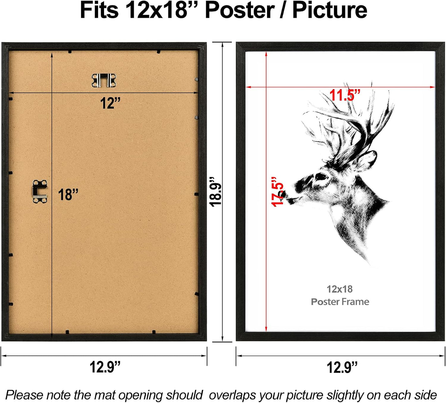 Yaetm 12x18 Frame Black Set of 4, Solid Wood Picture Frame 12 x 18 for Photos, Posters & Art Prints, Horizontal and