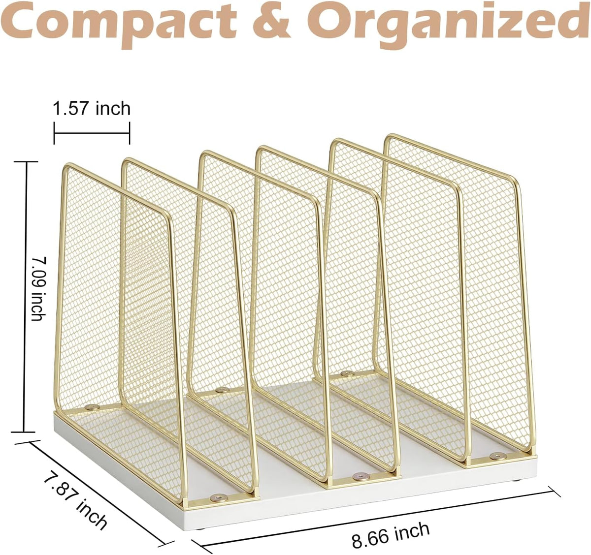 5-Section Vertical File Organizer for Desk, Gold | Sturdy Wood Base, Metal Mesh, Desktop File Holder, Upright Paper