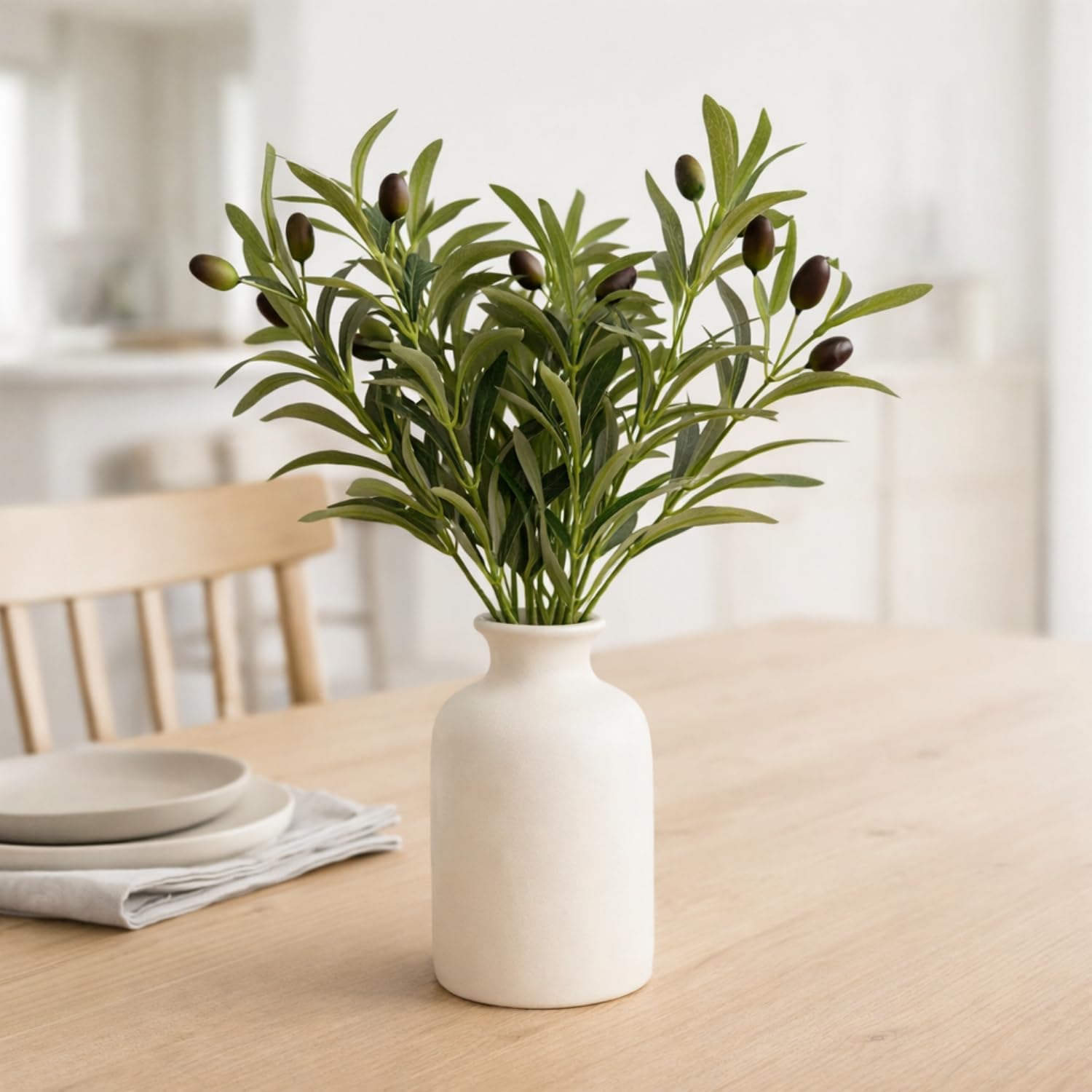 Matte Ceramic Vase 5.7 / Artificial Olive Branches and Berries with Vase / White / Set of 4